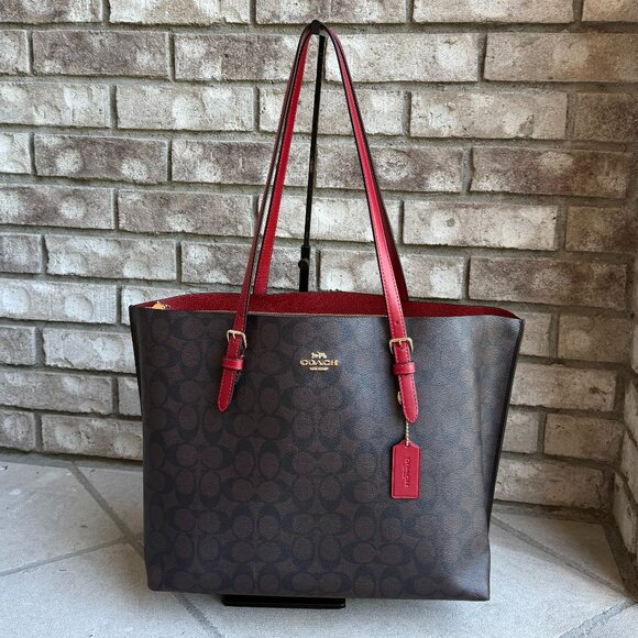 COACH MOLLIE TOTE SIGNATURE MONOGRAM DARK BROWN RED WOMEN'S SHOULDER BAG - Picture 1 of 16